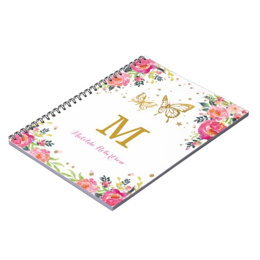 かわいらしい水彩画の花の金ゴールドの蝶モノグラム ノートブック (左側)