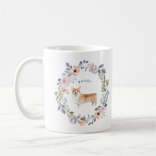 かわいらしい水彩画の花柄 のかわいいコーギー犬 コーヒーマグカップ