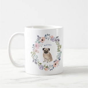 かわいらしい水彩画の花柄 のパグ犬 コーヒーマグカップ