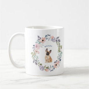 かわいらしい水彩画の花柄 のフレンチ・ブルドッグ犬 コーヒーマグカップ