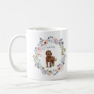 かわいらしい水彩画の花柄 Labradoodle犬 コーヒーマグカップ