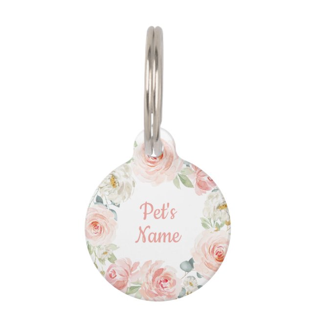 かわいらしい水彩画の赤面のピンクのバラの花のリース ペット　ネームタグ (正面)