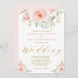 かわいらしい水彩画の赤面のピンクの花柄のばら色の結婚式 招待状
