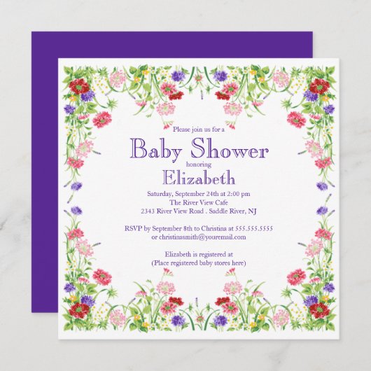 かわいらしい水彩画の野生の花の花のベビーシャワー 招待状 (正面/裏面)