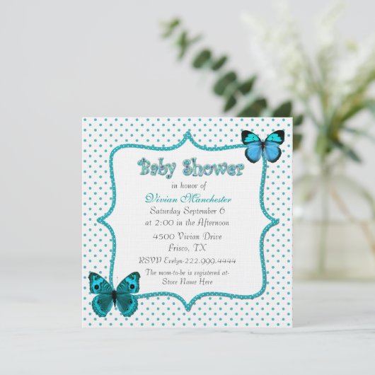 かわいらしい水玉模様および蝶ベビーシャワー 招待状 (スタンド正面)