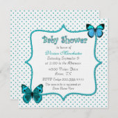 かわいらしい水玉模様および蝶ベビーシャワー 招待状 (正面/裏面)