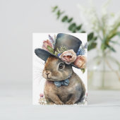 かわいらしい水色のウサギ帽子をかぶったウサギ ポストカード (スタンド正面)