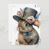 かわいらしい水色のウサギ帽子をかぶったウサギ ポストカード (正面/裏面)