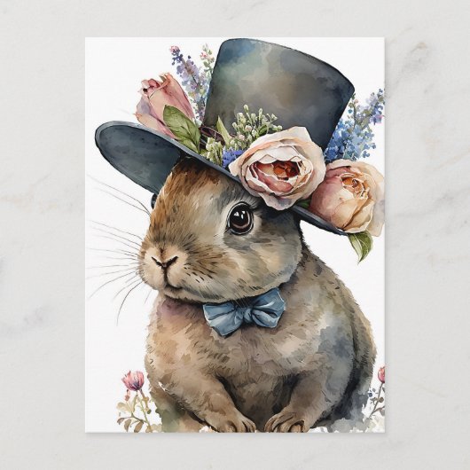 かわいらしい水色のウサギ帽子をかぶったウサギ ポストカード (正面)