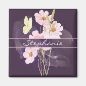 かわいらしい水色の花と蝶の梅 マグネット (正面)