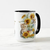 かわいらしい水色ひまわりの子猫 マグカップ (正面右)