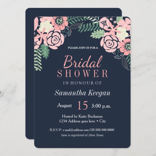 かわいらしい海軍およびピンクのブライダルシャワー招待状 招待状 (正面/裏面)