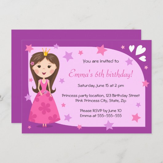 かわいらしい王女のピンクの紫色のかわいくガーリーな誕生日 招待状 (正面/裏面)