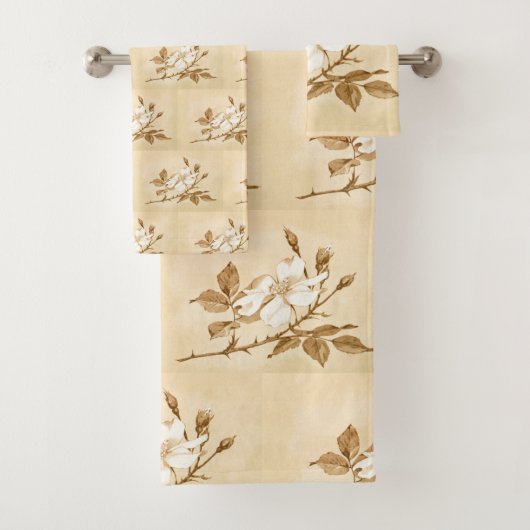 かわいらしい白いバラの植物の花のブロックパターン バスタオルセット (インサイチュ)