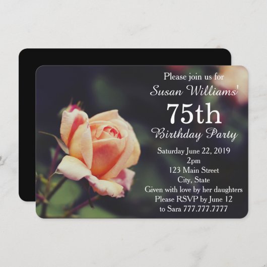 かわいらしい第75誕生日のパーティの招待状は上がりました 招待状 (正面/裏面)