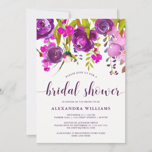 かわいらしい紫色によっては|のブライダルシャワーの招待状が開花します 招待状 (正面)