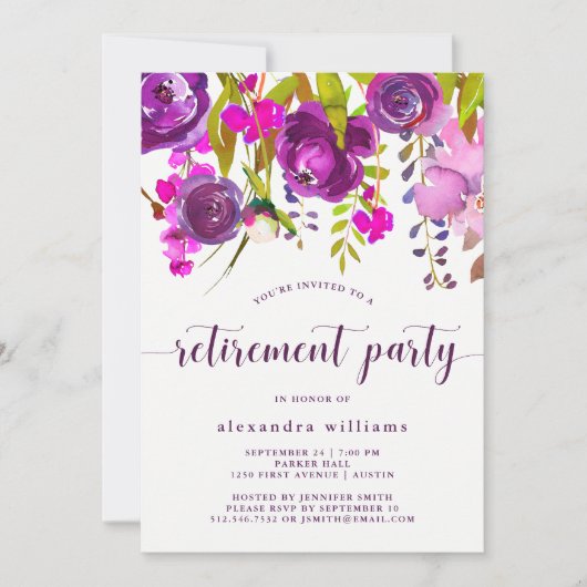 かわいらしい紫色によっては|の退職パーティーが開花します 招待状 (正面)
