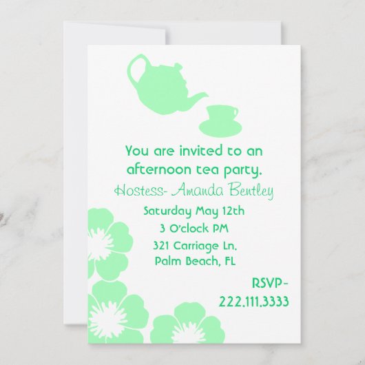 かわいらしい緑および白い茶パーティの招待状 招待状 (正面)