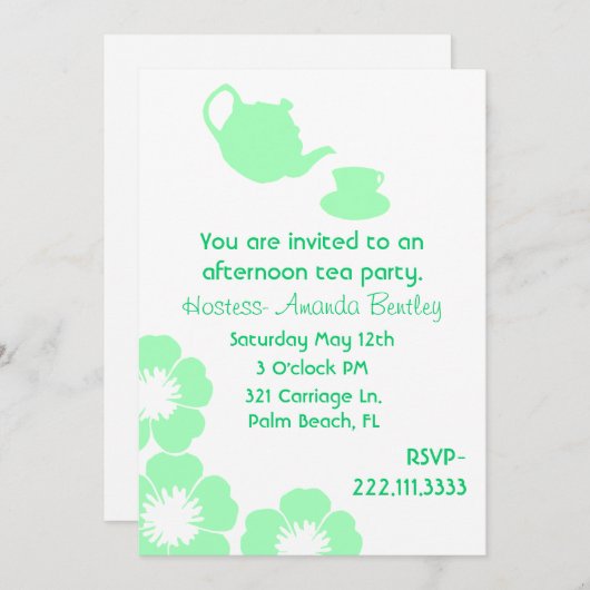 かわいらしい緑および白い茶パーティの招待状 招待状 (正面/裏面)