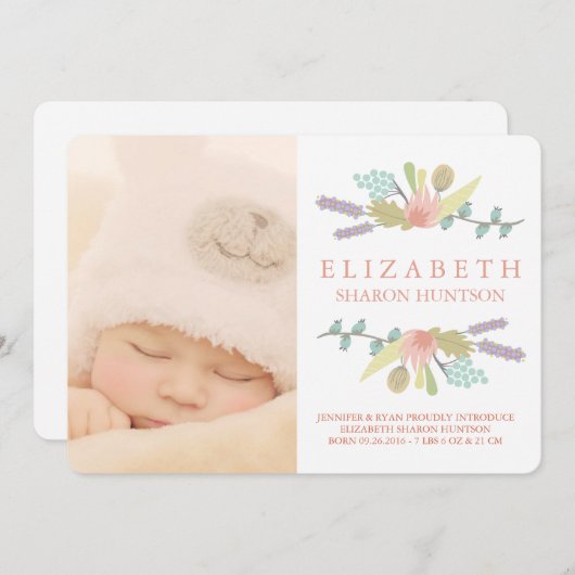 かわいらしい花のベビーの誕生の発表のフォトカード 案内状 (正面/裏面)