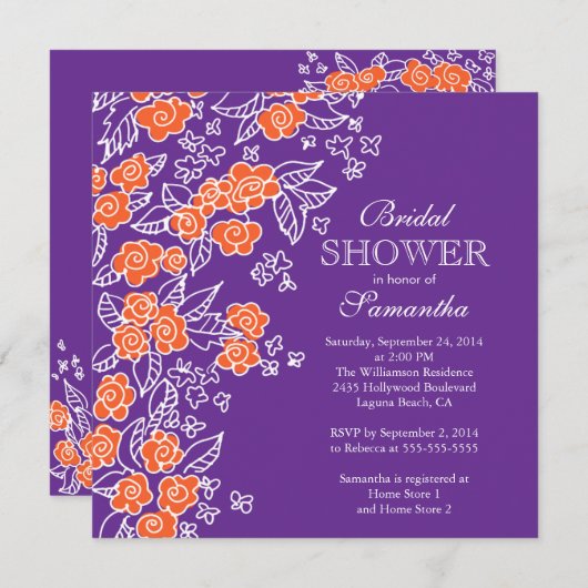 かわいらしい花のモダンな紫色及びオレンジブライダルシャワー 招待状 (正面/裏面)