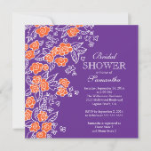かわいらしい花のモダンな紫色及びオレンジブライダルシャワー 招待状 (正面)