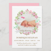 かわいらしい花のリースの写真の誕生の発表 案内状 (正面/裏面)