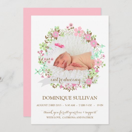 かわいらしい花のリースの写真の誕生の発表 案内状 (正面/裏面)