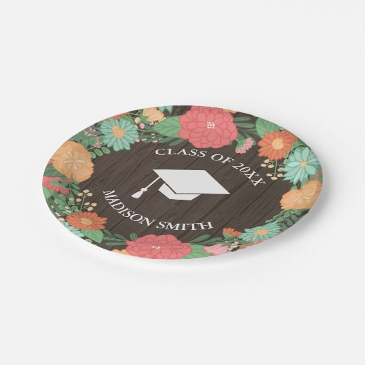 かわいらしい花のリース及び木穀物の卒業 ペーパープレート (アングル)
