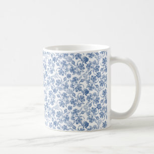 かわいらしい藍色そして白い民族の花柄 コーヒーマグカップ