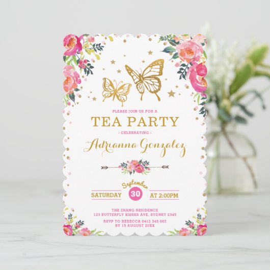 かわいらしい蝶水彩画の花のお茶会 招待状 (スタンド正面)
