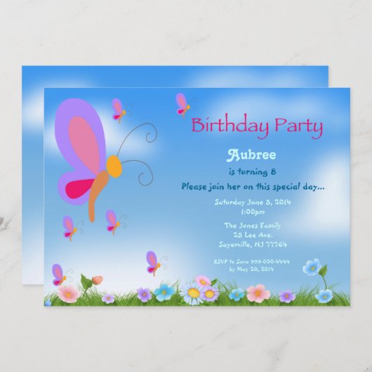 かわいらしい蝶誕生日のパーティの招待状 招待状 (正面/裏面)