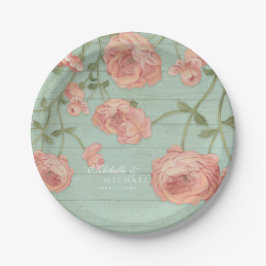 かわいらしい赤面のピンクのモモのバラの木製の塀のヴィンテージ ペーパープレート