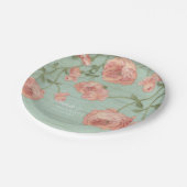 かわいらしい赤面のピンクのモモのバラの木製の塀のヴィンテージ ペーパープレート (アングル)