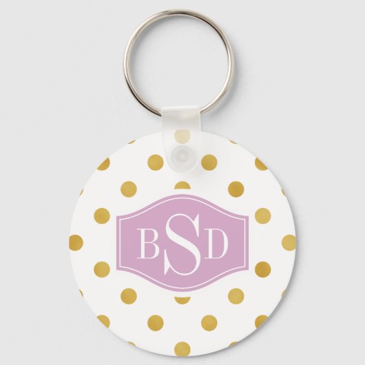 かわいらしい金ゴールドおよび白い水玉模様パターンモノグラム キーホルダー (正面)