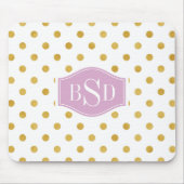 かわいらしい金ゴールドおよび白い水玉模様パターンモノグラム マウスパッド (正面)