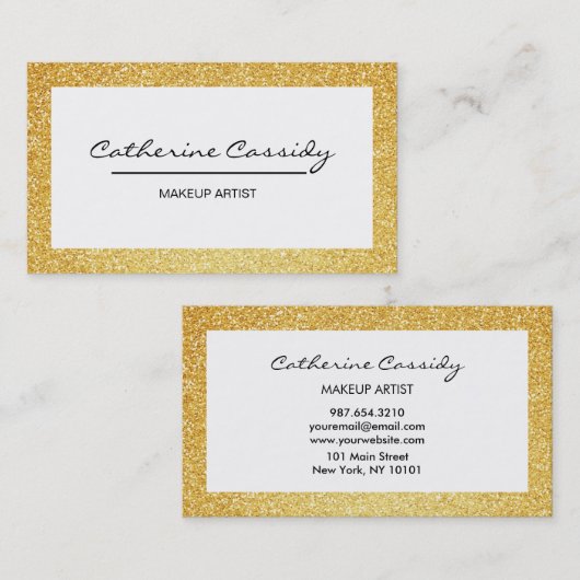 かわいらしい金ゴールドのグリッターの輝きのボーダー、メーキャップアーティスト 名刺 (正面/裏面)