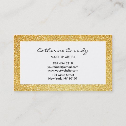 かわいらしい金ゴールドのグリッターの輝きのボーダー、メーキャップアーティスト 名刺 (裏面)