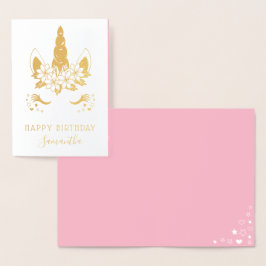 かわいらしい金ゴールドの花のユニコーンのハッピーバースデー 箔カード