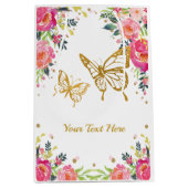 かわいらしい金ゴールドの蝶/ピンクの水彩画の花柄 ミディアムペーパーバッグ (正面)