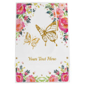 かわいらしい金ゴールドの蝶/ピンクの水彩画の花柄 ミディアムペーパーバッグ (裏面)
