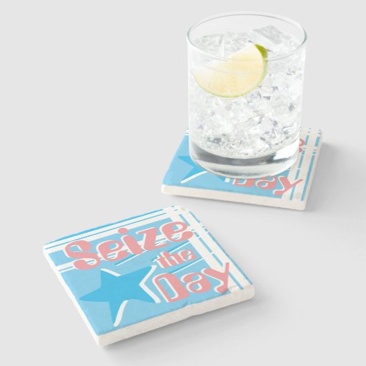 かわいらしい青い及びピンク日の幸福の引用文を握って下さい ストーンコースター (横)