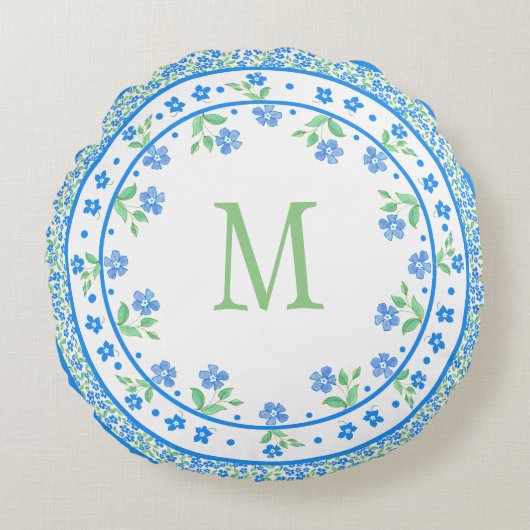 かわいらしい青緑のタマキビの花の円形のボーダー ラウンドクッション (正面)