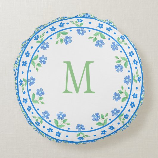 かわいらしい青緑のタマキビの花の円形のボーダー ラウンドクッション (裏面)