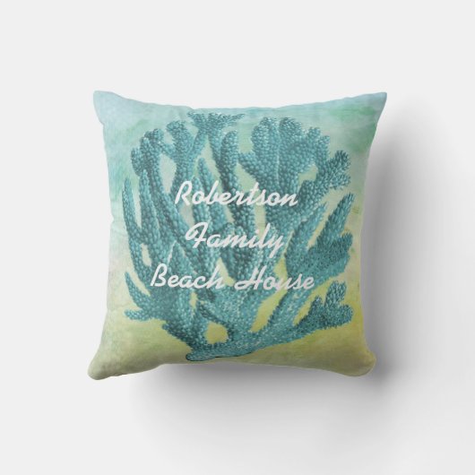 かわいらしい青緑の珊瑚の水彩画のビーチのテーマ クッション (裏面)