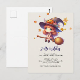 かわいらしい飛んでいるほうき魔女ハロウィン ポストカード