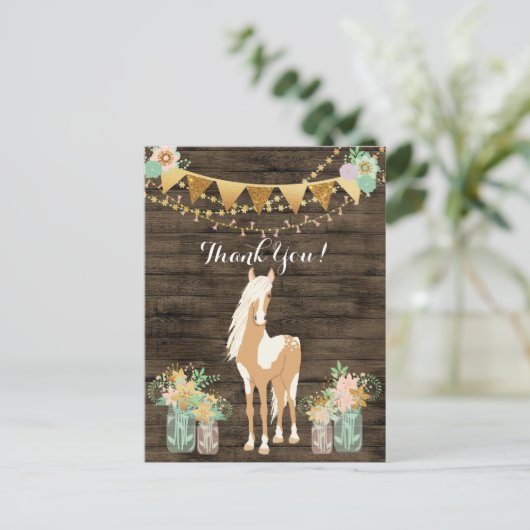 かわいらしい馬および花の素朴な木は感謝していしています ポストカード (スタンド正面)