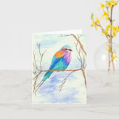 かわいらしい鳥、薄紫のBreastedのローラー、水彩画の芸術 カード (黄色い花)