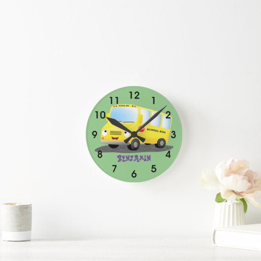 かわいらしい黄色いスクールバスの漫画 ラウンド壁時計 (ホーム)