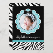 かわいらしい黒およびティール(緑がかった色)の誕生日のパーティの招待状 招待状 (正面/裏面)